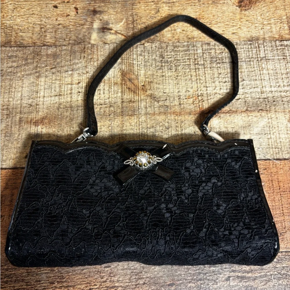 Brighton Lace & Patent Leather Mini Handbag Clutch Purse Kiss Lock Rhinestones